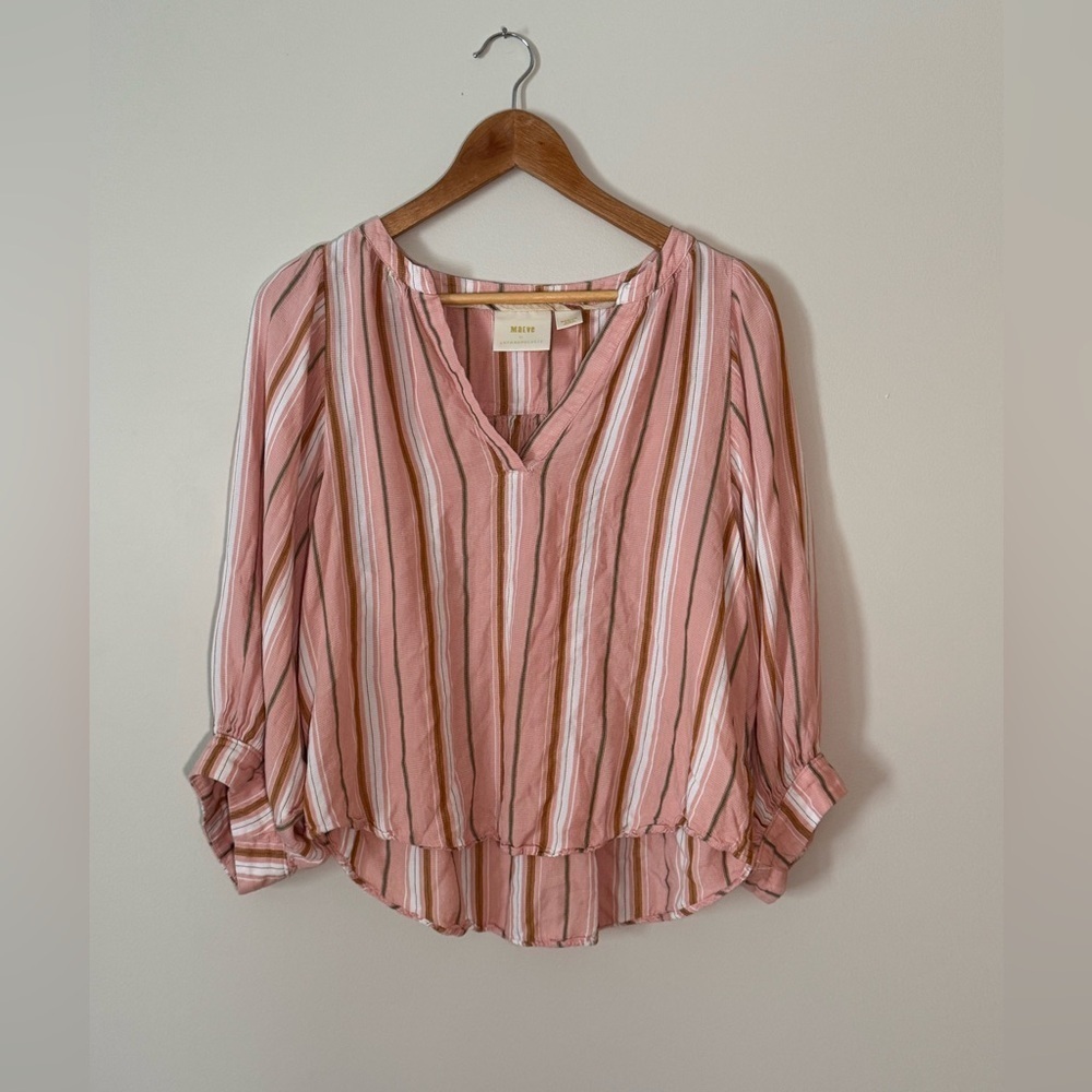 Anthropologie Maeve Byron Striped Balloon Sleeve Boho Top Pink Rose Women Med - Picture 1 of 9